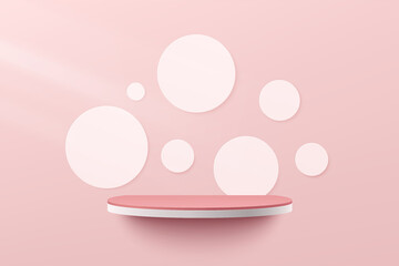 Abstract 3d white and pink semi circle shelf or podium with white polka dot on soft pink color minimal wall scene. Vector rendering geometric shape for cosmetic product display presentation. - obrazy, fototapety, plakaty
