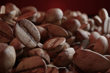 Close-up of roasted coffee beans against a red background. Concept of preparing raw materials of fresh coffee drinks that are popular all over the world with copy space. 3D rendering.