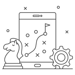 Mobile phone, gear and knight Vector Icon Design, eBusiness Strategy Symbol, Marketing plan Sign, administration and operational management Stock illustration, Creating a Success Journey Map Concept