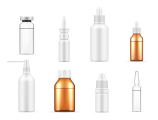 Collection of realistic medical plastic and glass bottle vector illustration dropper containers