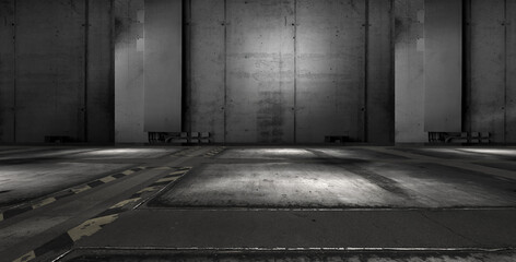Dark Concrete Wall and Floor Garage Industrial Background Scene for Product Placement and Presentation - 448099023