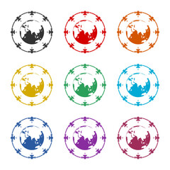 Globe network color icon set isolated on white background