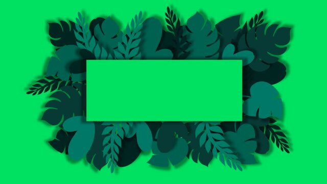 Tropical palm leaves motion graphics rectangle frame template on green screen. Summer trendy floral cartoon animation made in paper cut out style. Wildlife concept.