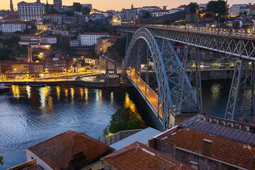 Aerial view of Louis I Bridge on Duoro River, Porto, Portugal 