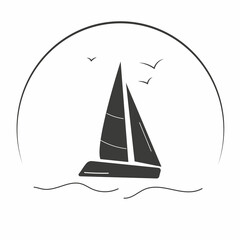 Sailboat silhouette and sun seascape on circle, isolated on white background. Vector illustration