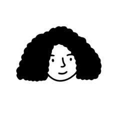 Doodle girl face. Hand-drawn outline human isolated on white background. Funny minimalistic Avatar. Cartoon curly woman. Female portrait. Beautiful bob hairstyle, positive emotion. Vector illustration