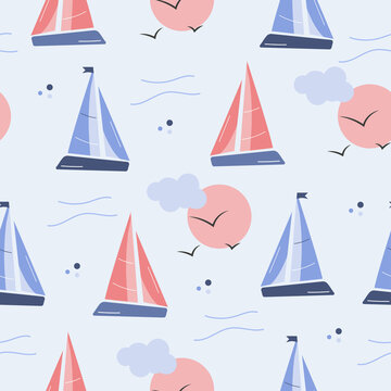 Sailboat, sun and seagull seamless pattern on blue background