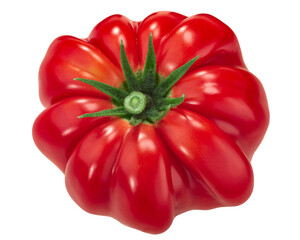 Ribbed heirloom tomato (Solanum lycopersicum fruit), Mushroom Basket variety, isolated, top view