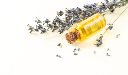 Bottle of lavender essential oil or flower perfume with dried lavender