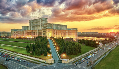 Bucharest, Romania. Parliament Palace sunset blend.