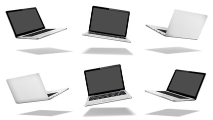 Flying laptop mock up with blank empty screen with shadow