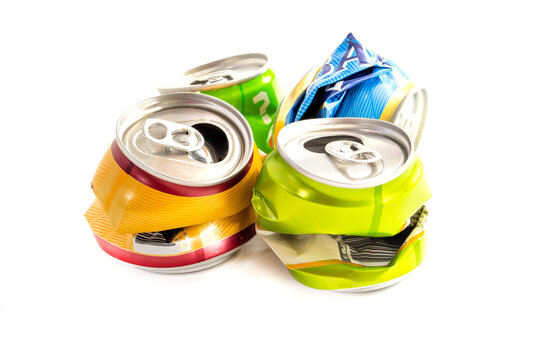 Crumpled empty blank soda or beer can garbage. recycle concept