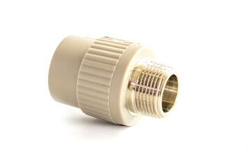 Combined couplings for connecting metal and polypropylene water pipes isolated on white background.