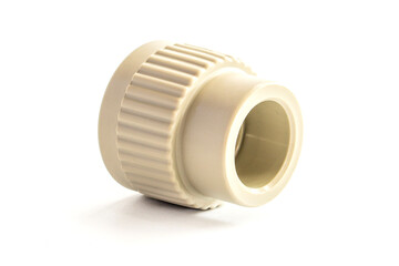 Combined couplings for connecting metal and polypropylene water pipes isolated on white background.