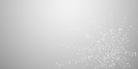 Beautiful snowfall Christmas background. Subtle flying snow flakes and stars on light grey background. Artistic winter silver snowflake overlay template. Positive vector illustration.