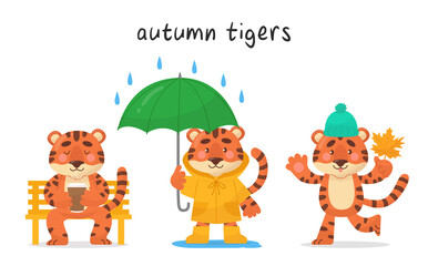 Set of three cute tigers characters. Сharacter for every month of autumn. Vector cartoon style. The illustrations are suitable for baby products, stickers, banners and posters.