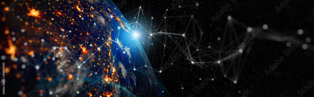 Poster Communication technology for internet business. Global world network and telecommunication on earth cryptocurrency and blockchain and IoT. Elements of this image furnished by NASA