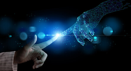 Hand of businesswoman touching hand artificial intelligence meaning technology connection go to...