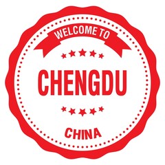 WELCOME TO CHENGDU - CHINA, words written on red stamp