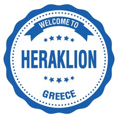WELCOME TO HERAKLION - GREECE, words written on greek blue stamp