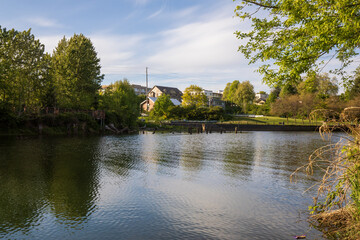 Fototapeta premium River view at Maritime Heritage Park, Bellingham, Washington.