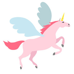 Vector flat cartoon pink pegasus unicorn isolated on white background