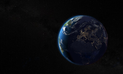 Fototapeta na wymiar Planète Terre vue depuis l'espace avec lumière des villes - Rendu 3D - Textures de la Nasa