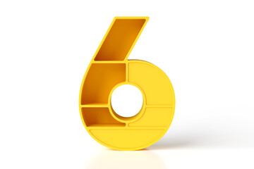 3D typeface yellow matte plastic style. Number 6 in the shape of a kid's furniture. High detailed 3D rendering.