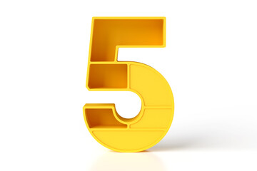 Hi-res and realistic plastic lettering render. Number 5 yellow matte painted. Great for headers, posters, advertisements or web projects. 3D rendering.