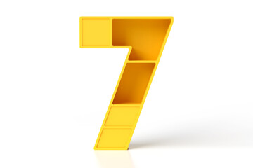Plastic toy style font lettering. Yellow 3D number 7 made for a game concept. High quality 3D rendering.