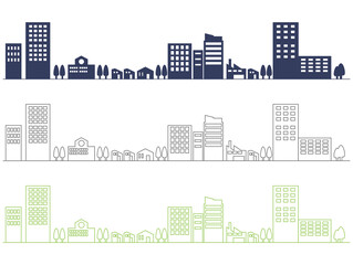 都会の街並みの線画とシルエット