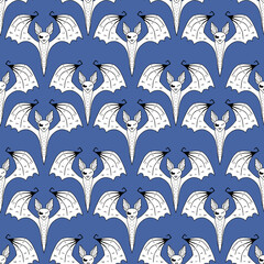 Vector seamless pattern of evil and gloomy bat for halloween on a blue background. Hand drawn black and white outline design for wallpaper, wrapper, backdrop, banner decoration.