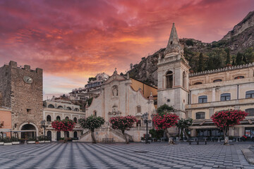 Taormina, Sicily, Italy - Piazza IX Aprile with beautiful church. Travel concept.