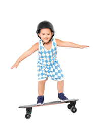 The little boy playing skateboard with helmet protection. Isolated photo on white background.