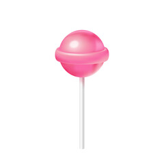 Realistic spherical shiny lollipop illustration. Vector isolated pink glossy candy on a stick icon