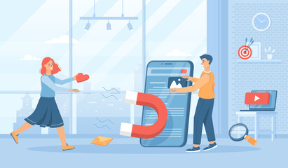 Inbound Marketing. Strategy attracting customers with useful content adapted to user requests. Flat cartoon vector illustration with people characters for banner, website design, landing web page.