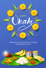 Happy Onam background with rangoli and traditional food (sadya) for South India harvest festival. Vector illustration.