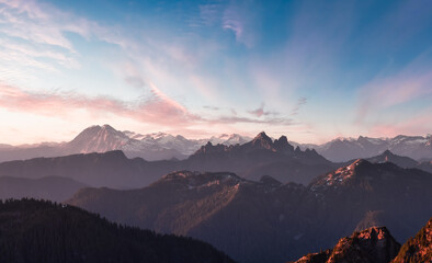 Panoramic View of Rocky Canadian Mountain Landscape. Sunny Summer Sunset Art Render. Aerial Scene from Mnt Brunswick, near Vancouver and Squamish, British Columbia, Canada.