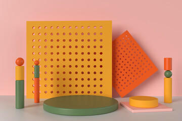 Colorful podium of 3d rendering with assorted geometric shapes