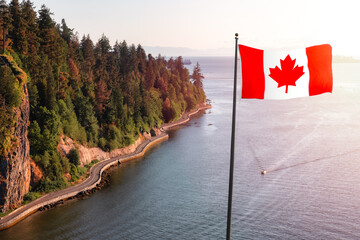 Aerial View from Lions Gate Bridge of Famous Seawall in Stanley Park. Sunny Summer Sunset. Downtown Vancouver, British Columbia, Canada. Canadian National Flag Composite