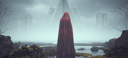 Futuristic Sci Fi Evil Red Spirit Ghost Woman Figure Looking Over Its Shoulder in Alien Landscape Mysterious Foggy Abandoned Brutalist Architecture 3d illustration render © paul