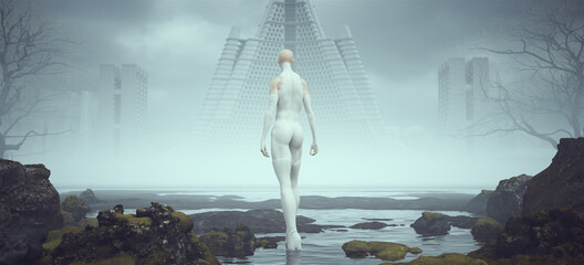 Tall Futuristic Sci Fi Alien Super Hero Space woman in White in Alien Landscape Mysterious Foggy Abandoned Brutalist Architecture Rear View 3d illustration render	