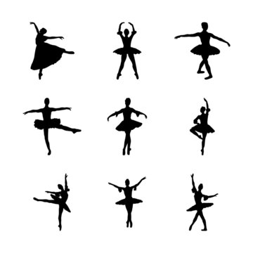 The silhouette of a ballerina on the stage in black on a white background.
