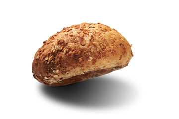 Whole wheat bun, isolated on a white. Close-up photo.