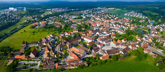 Aerial view of the city Heilsbronn in Germany, Bavaria on a sunny day in Spring