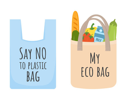 Zero Waste shopping concept. Say no to plastic bag and use textile eco bag. Go To Zero Waste, No Plastic and ecological concept. Eco friendly reusable shopping bag with vegetables and other products.