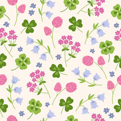 Floral seamless pattern with quatrefoil, shamrock, clover, bellflower. Vector illustration