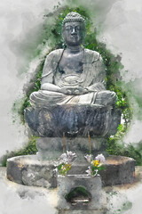 Digital watercolor painting of beautiful image view of Japanese buddha statue in Tokyo.