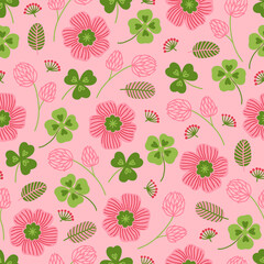 Floral seamless pattern with clover, quatrefoil, shamrock, berries, flower