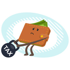 Cartoon Wallet Character, bent from the weight, keeping a huge weight with the tax. Taxes burden concept